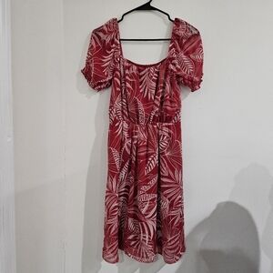 Banana Republic Red and White Tropical Midi Dress With Puff Sleeves Size S